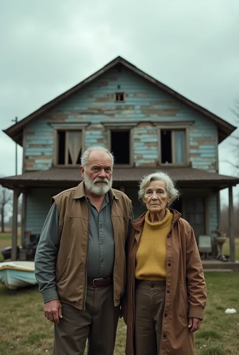 A man in his 40s and an old woman in her 60s stand in front of their old, broken-down house, the once comfortable and spacious new home now lost to them. The house is shabby, with peeling paint and a decaying structure. The couple’s faces are filled with d...