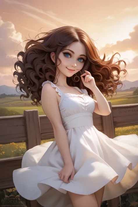 (Masterpiece, High Quality, dynamic lighting, smooth shading), (detailxl, negativeXL_D), detailed eyes, 1girl, leaning on a fence, (facing center-left), looking at viewer, sunset, blue eyes, wavy hair, hair blowing in the wind, white sundress, smiling, 