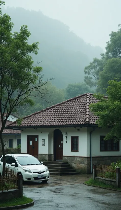 Realistic photo of Dark day,short buildings with brown roof,wall painted white,having stairs infront,a white car,green trees and grass,garden fence