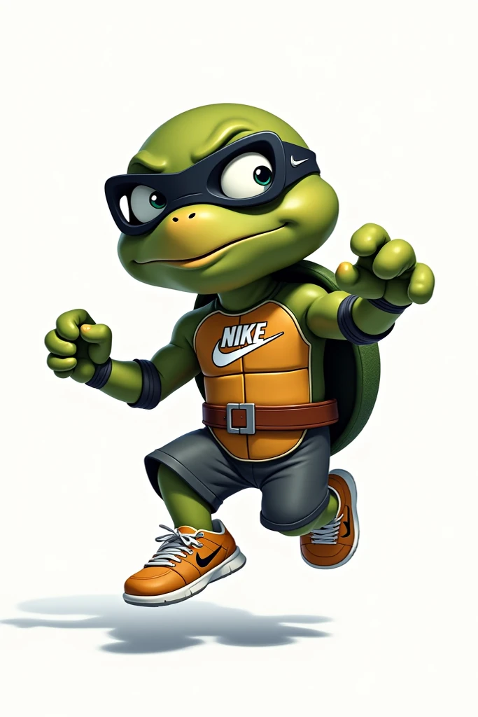 Make a cartoon of a ninja turtle wearing glasses with Nike clothes landing 