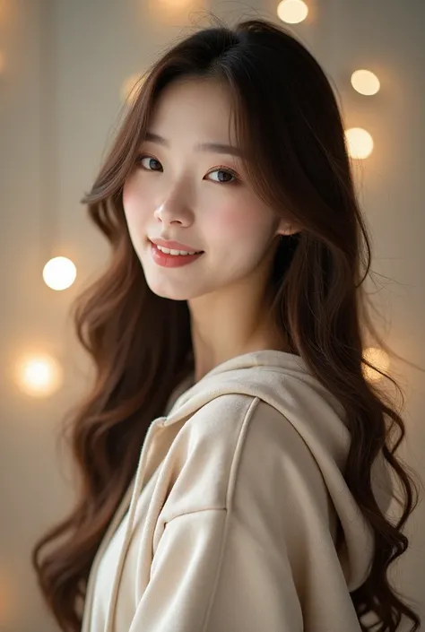 Wanita cantik Korea rambut panjang terurai warna coklat memakai Hoodie pose model profesional latar belakang bokeh 