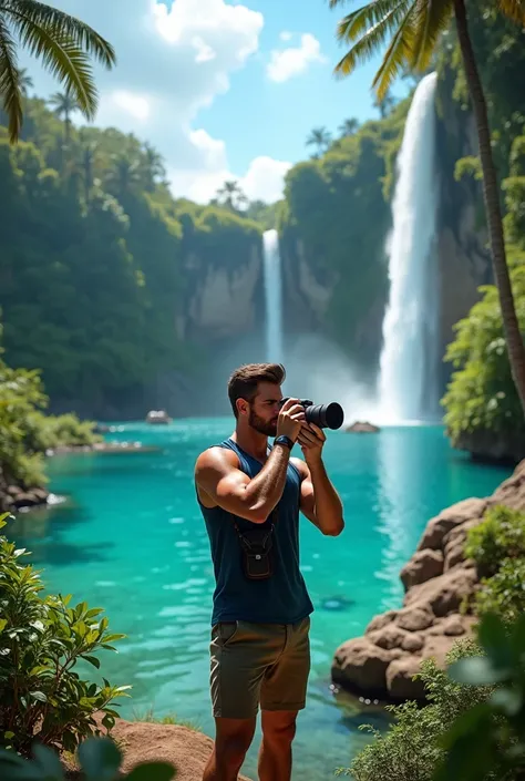 Handsome man taking photo in a paradic place 