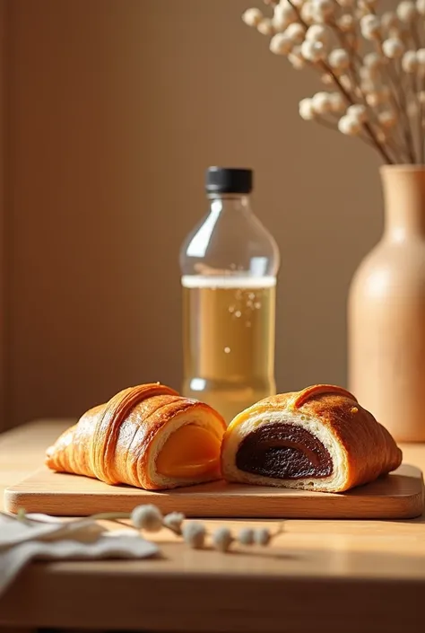  On a beautiful polished brown wooden table , a wooden tray with : a naturally fermented croissant filled with Dulce de Leite ,  a naturally fermented croissant filled with ganache and a 500ml plastic bottle of sparkling water.