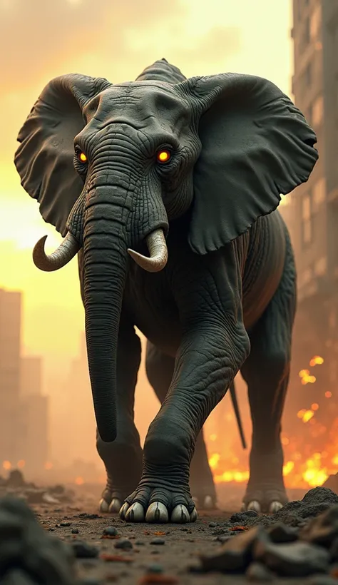 A terrifying hybrid creature, blending the agility of a cat with the immense strength of an elephant, prowls through a post-apocalyptic landscape. The body is sleek and agile like a giant feline, yet covered in thick, wrinkled elephant-like skin, creating ...