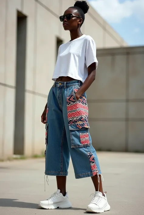 The design features baggy denim shorts (knickers) with a loose, relaxed fit for a stylish streetwear vibe. The shorts incorporate cotton fabric overlays in bold, geometric patterns, placed on the sides, back pockets, and hem for a creative touch. Large sid...