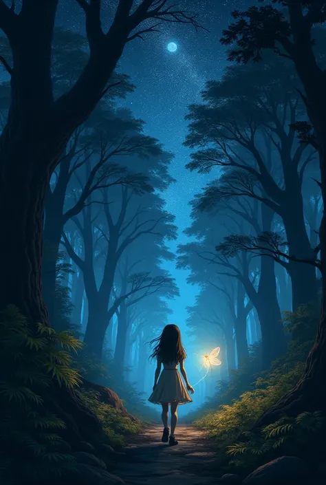 Girl walking away in a deep forest at night, firefly, sky full of star
