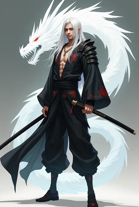 "Full-body image of a powerful, lean samurai with long, flowing white hair and piercing amber eyes. His body is slender yet defined, showcasing a strong, athletic build. He wears a sleek, black kimono-style shirt with red accents, featuring intricate patte...