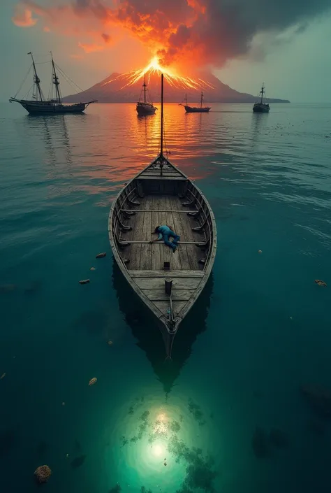  A person is lying on a wooden ship in the middle of the sea ,  with a volcano behind and broken parts of another ship floating on the surface of the sea and a bright and mysterious light in front of the ship