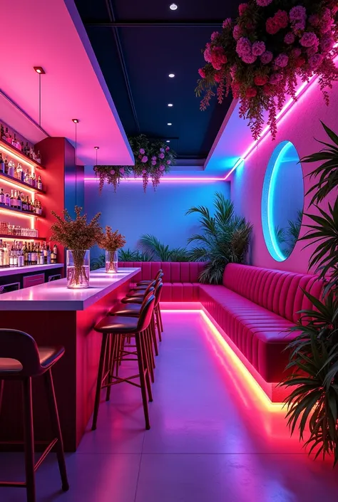 bar with a modern design , for young people ,  eye-catching with neon lights,  flowers and very cozy  