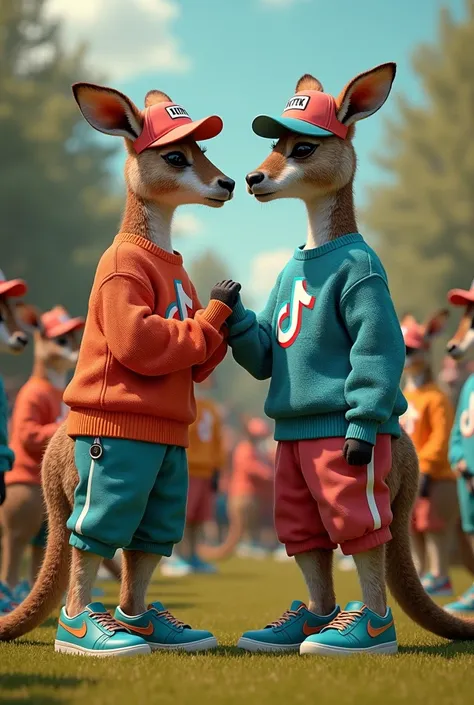  3 tall kangaroos with TikTok sweater and TikTok pants and blue Nike shoes both and TikTok caps, Shaking hands greeting each other from the waist down humans without tails both , And in the background many kangaroos also dressed in New York all wearing pan...