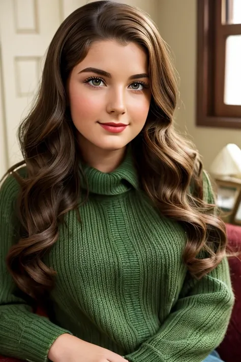 Medium view, of 24 year old, face portrait, jewish features, long hair, brown hair, 1940s hair style, 1940s clothing, green sweater, in cozy 1940s home.