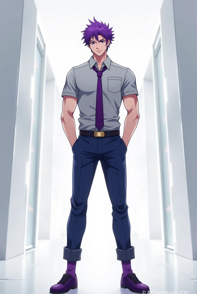 Young adult Man, purple hair, in Anime, muscular, wears his gray shirt with a purple tie, indigo pants, and dark purple shoes with purple socks on it, standing in the white hallway