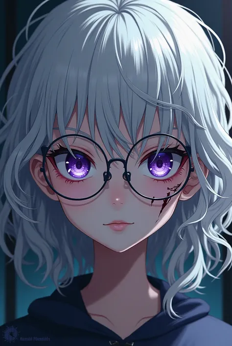 Create an image of a girl with white curly hair, purple eyes, wears glasses, with a scar across her face and in Demon Slayer style and by Inosuke Hashibira by her 