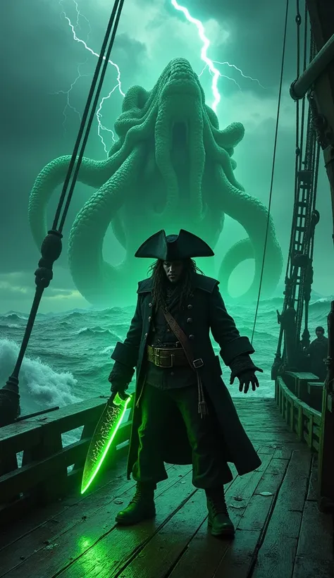  ultra realistic image in 8k A scary Pirate is on the deck of a frayed ship ,  surrounded by the waves of a turbulent sea under a stormy sky . He wears a ragged coat ,  a tricorn hat with intricate bone decorations and Wield a bright green cleaver that cas...