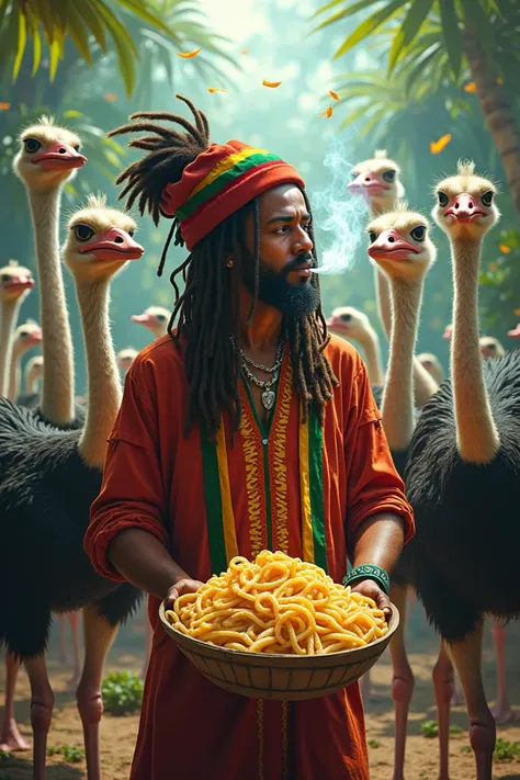 Rasta smokes a barrel full of ostriches pasta