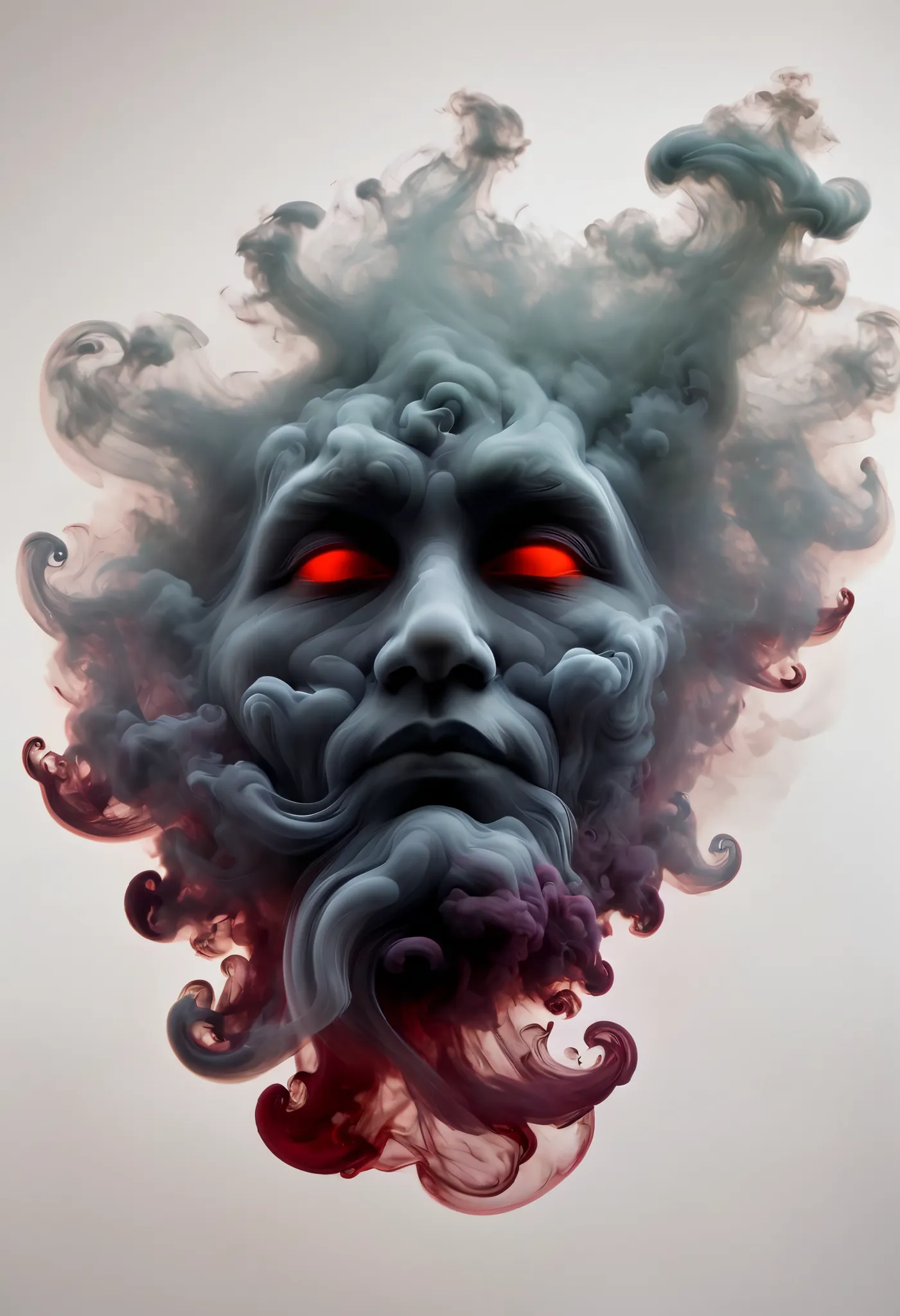 smoky art, man, smoky sage man, red dark silhouette of an old sage man floats in the space between the top and bottom and repres...