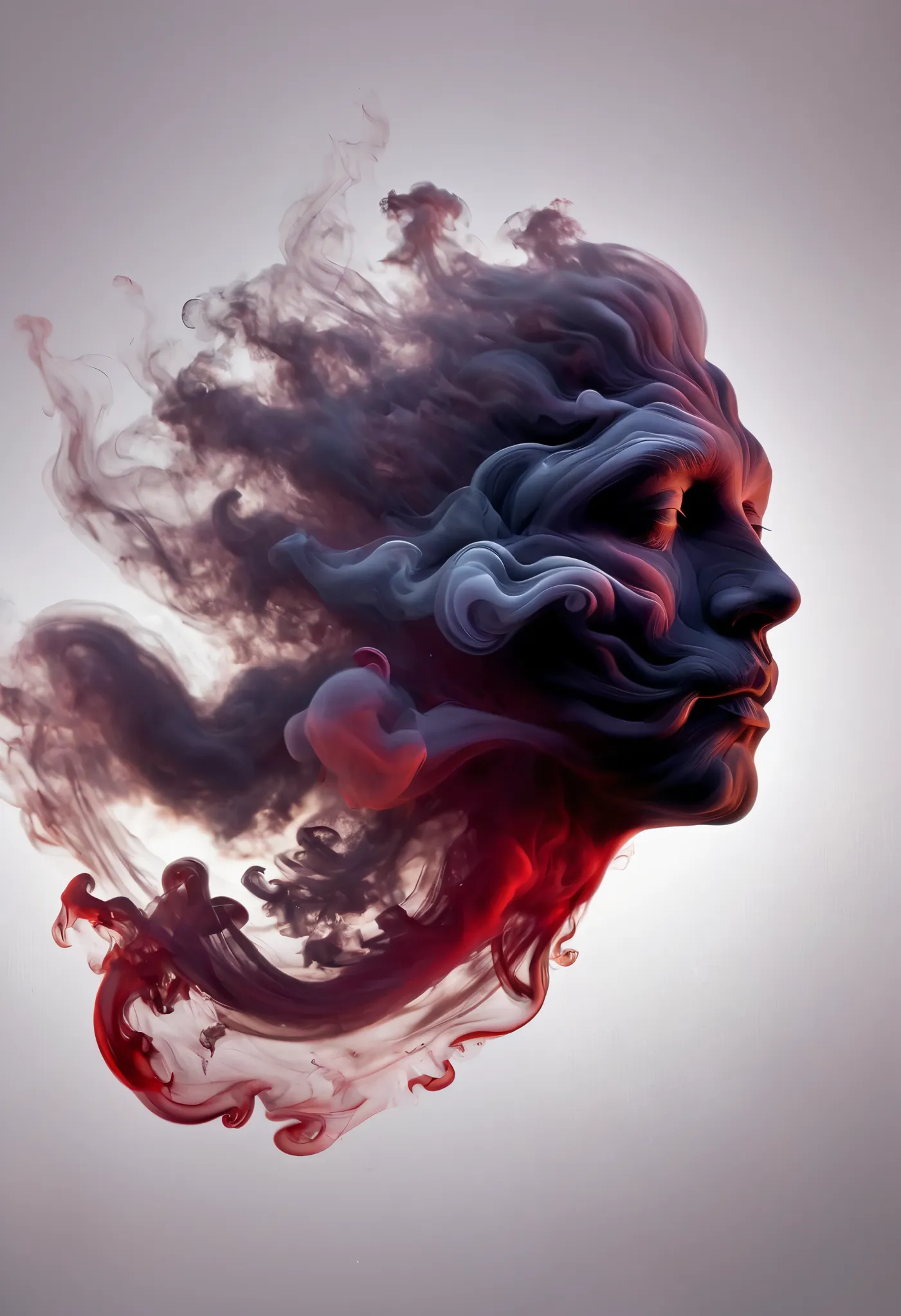 smoky art, man, smoky sage man, red dark silhouette of an old sage man floats in the space between the top and bottom and repres...