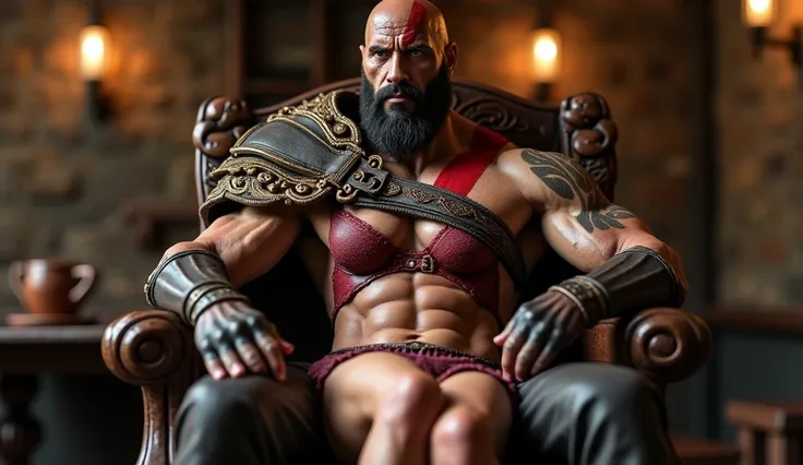   flashy miniature of Dwayne Johnson dressed as Kratos from God of War sitting on a rustic medieval chair and on his lap a beautiful young woman wearing seductive and provocative underwear with abnormally large and bulky breasts in front of the camera, The...