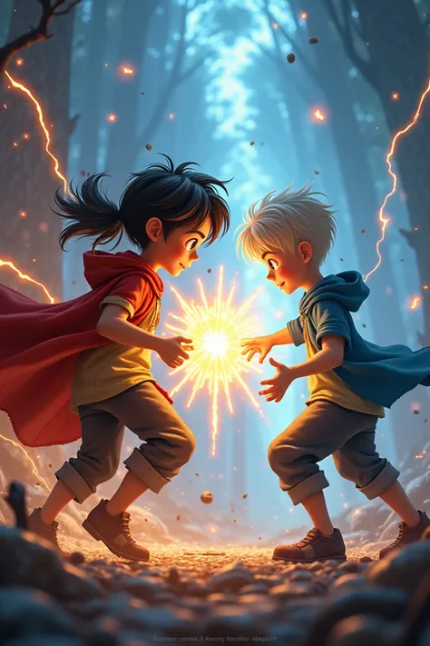 A chubby boy with a handsome face, long tanned hair with powers fighting a skinny white boy with short hair with glasses and powers.