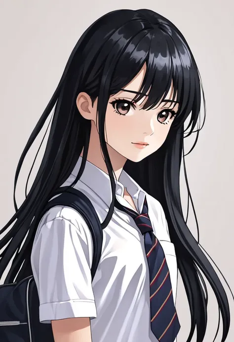 Teenage girl with long black hair wearing school uniform.