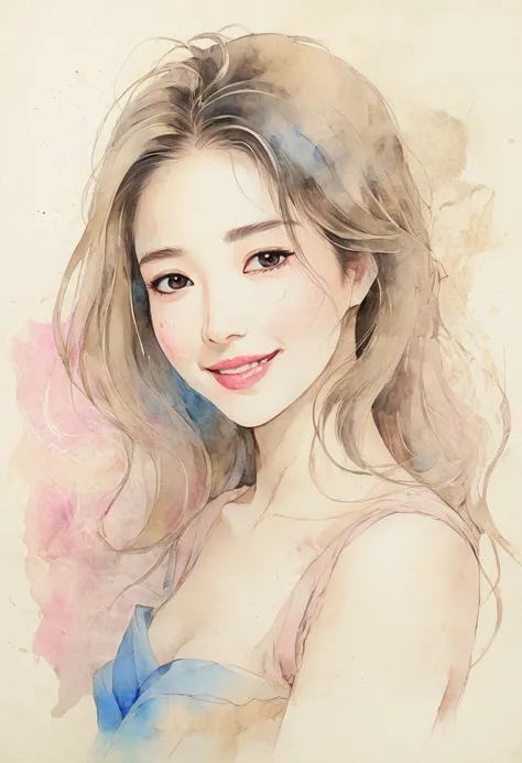  Watercolor、 old paper texture、Damaged Paper、Old style、Faded colors、composition、Golden Ratio、Functional、grace、 Details 、background、Soft colors、 Blurry Lines
pink color, blue, whole body, round face, Dark Eyes,  fine lines of laughter ,  elegant ,  plump li...