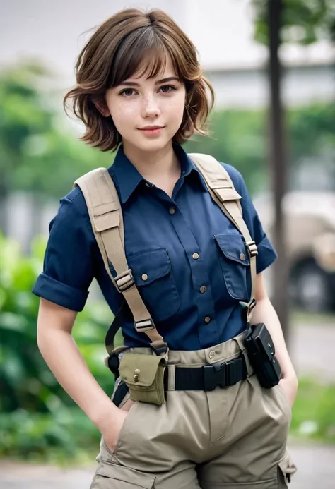 ((1 girl)) Cute adult young girl, Brown hair, adorable attractive, innocent and friendly. Adorable little freckles on her cheeks. short hair, lots of hair, short wavy hair. pale pinkish white skin. A color dark blue short-sleeved shirt with pants color kha...