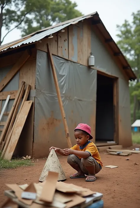  Family building their home :  A family just arrived from a rural region builds their house with boards,  sheets of zinc and plastic . You can feel tired ,  but also a silent hope in their faces .  A  plays with an improvised toy ,  while adults work . Giv...