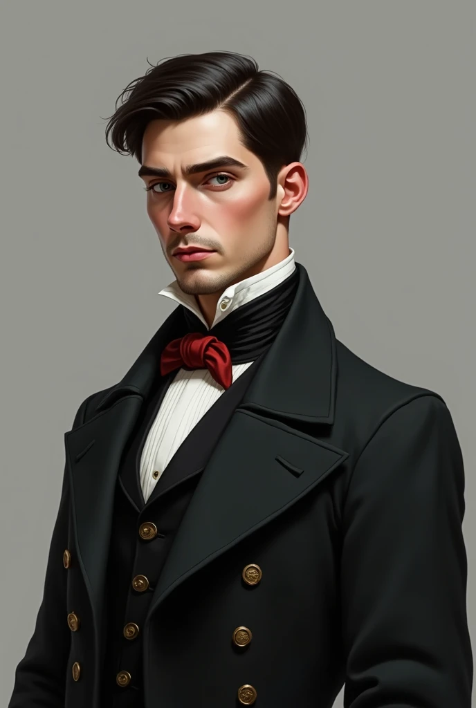 ((best quality)), ((masterpiece)), (detailed), (masterpiece, best quality:1.2), highly, detailed, highres, solo focus, one male person, white skin, black hair, very short beard, formal hairstyle, black gabardine, black suit, red tie, black skirt, looking a...