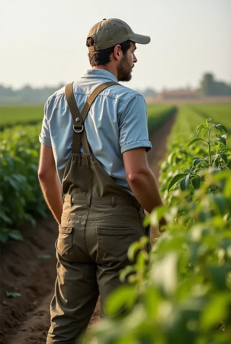  I want a photo of a farmer that looks real , seeing/ watching his tomato crops against a field background, Let it be a shoulder between 20 and 30 years old I want the person to look very rural,  with canvas pants , with cap,  with a short sleeve shirt , D...