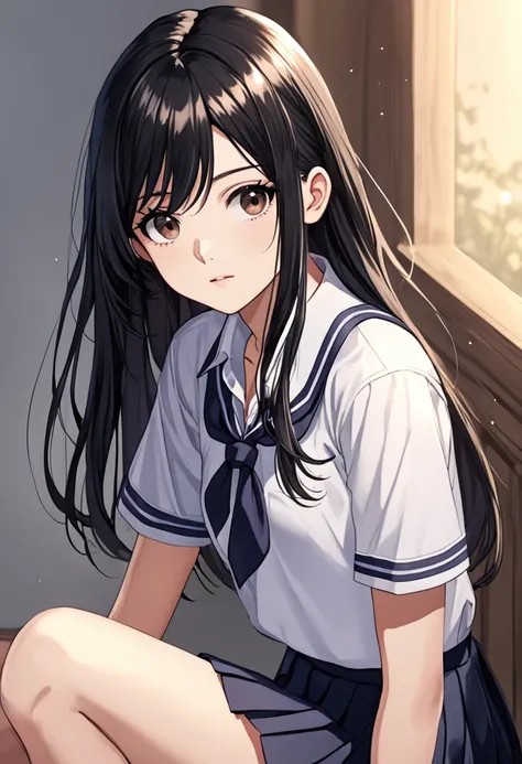 A teenage girl with long black hair, a middle part hairstyle, and dark brown eyes is wearing a school uniform.