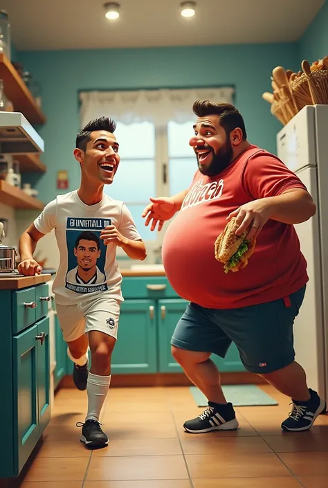 Ronaldo court dans la cuisine s’échappant de messi et Messi a un très gros ventre et un sandwich à la main et Ronaldo porte un t shirt de Messi