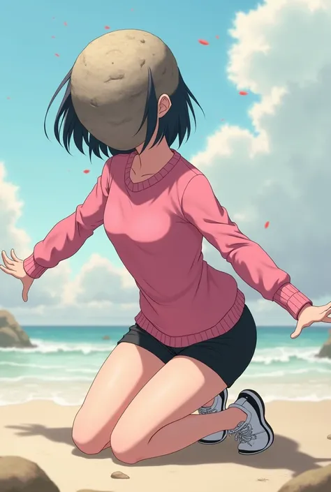 girl, anime, adolescent, chompa rosa, white toe black shoes, kneeling,  with a large rock that replaces his head ,  with arms outstretched ,  anime style, short boxer shorts color black ,  long legs,  big thighs , The buttock upwards