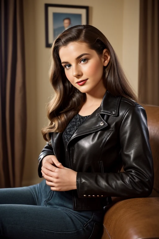 Medium view, of 24 year old, face portrait, jewish features, long hair, brown hair, 1940s hair style, tight black leather jacket over 1940s clothing, in cozy 1940s home.