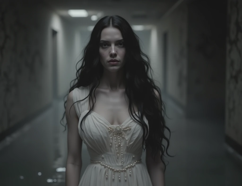 Gothic ghost woman with long, dark, wavy hair. Wearing a long draped sleeve, victorian-gothic-style white dress with pearls. Standing in the dark hallway of a flooded, abandoned building. Grey lighting. Facing foward.