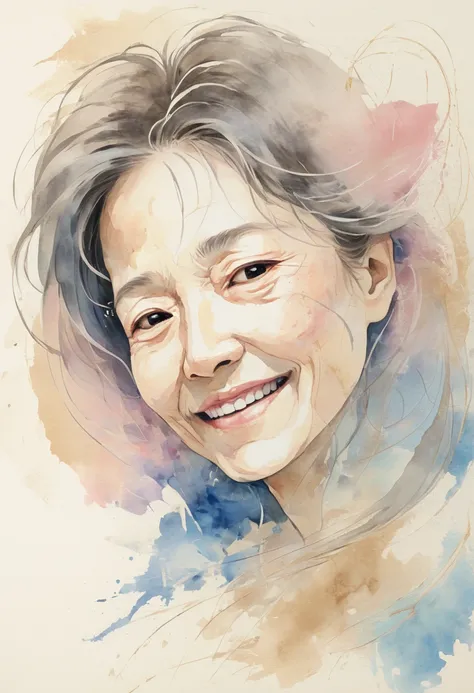  Watercolor、 old paper texture、Damaged Paper、Old style、Faded colors、composition、Golden Ratio、Functional、grace、 Details 、background、Soft colors、 Blurry Lines
A watercolor abstract painting of Ayano Fujisaki, a 48-year-old woman depicted from a top-down angl...