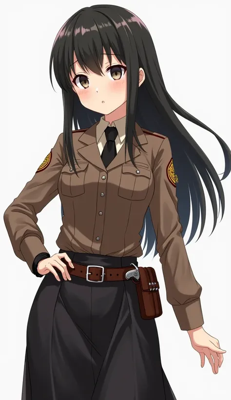 anime girl in uniform Dark brown, button up tunic with two beast pockets, light beige blouse underneath with a black necktie, and a long black skirt that stopped midcalf. What completed the uniform was the dark brown leather sam brown belt that kept the tu...