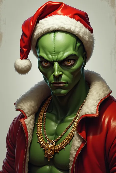 Male Martian, solo, looking at viewer, serious face,santa hat, jewelry, athletic body, green eyes, gold necklace, portrait, red headwear, santa hat, fur-trimmed headwear, sensitive masterpiece, newest, absurdres,very aesthetic,best quality, regular ears,hu...