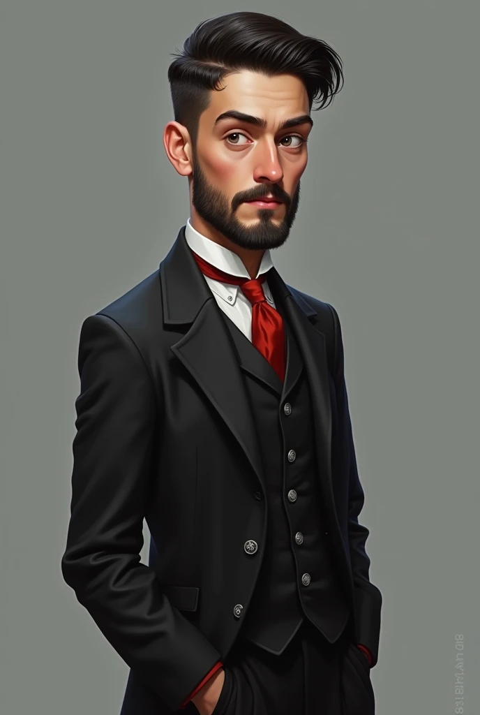 ((best quality)), ((masterpiece)), (detailed), (masterpiece, best quality:1.2), highly, detailed, highres, solo focus, one male person, white skin, black hair, very short beard, formal hairstyle, black gabardine, black suit, red tie, black skirt, looking a...