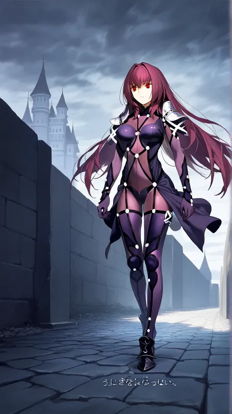  High resolution,  masterpiece, necessary,  The best quality, Detail, Details altos, quality,  lyrics,  very detailed, full body

Scathach,  scathach fate ,  scathach fate  grand order,  long hair ,  curly hair , red eyes,  tight suit

castle, walls, seen ...