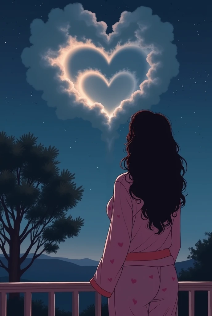 A stunning curvy woman with dark brown, wavy hair stands on a balcony, dressed in a soft pink pajama set adorned with heart-shaped prints. She gazes thoughtfully at the dark night sky, where clouds have formed a large heart with three half hearts side by s...