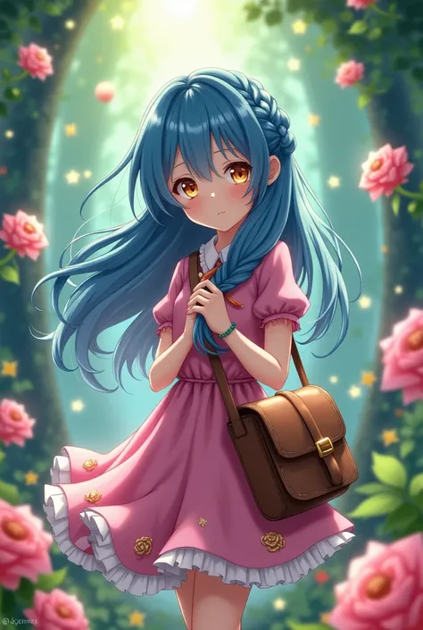 Boku no hero academia screenshot.  1girl, solo, (blue Hair:1.15), braided hair, long hair, (hair between eye), orange Eyes, (beautiful detailed face:1.2)， ((Roses ))，(cute pose) knee length pink dress with a gold rose pattern, Antique-style explorers bag, ...