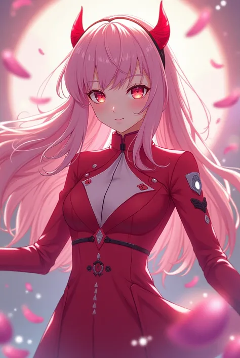 Zero Two anime with pastel pink hares and a red uniform and small red horns surrounded with a wise headband 