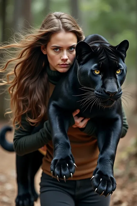  Create a photographic image of a woman with brown hair who is wearing a panther on her shoulder (The whole animal ).
Elle marche vite.
