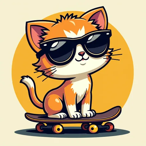  cartoon、Black Line、 kitten 、  skateboard  、   sunglasses、   American style promotional poster  ,    character design, Mannerism, 