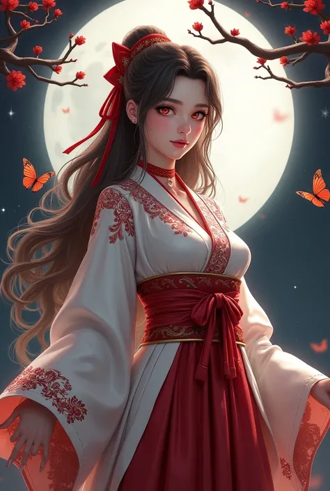 This image is a highly detailed digital artwork in a fantasy style, featuring a young woman with a blend of Eastern and Western influences. She has fair skin, long, wavy brown hair cascading down her back, and striking red eyes. Her attire is a traditional...