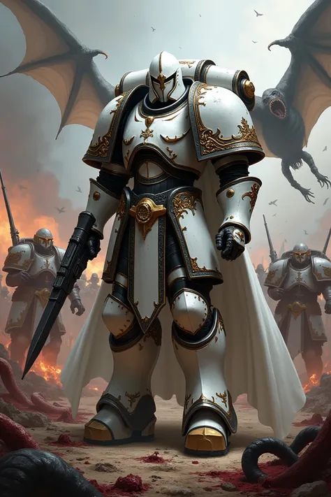 Lets create a Warhammer-style avatar 40k ,  a layered armor in white and black with the metals copper and damask steel,  in the background a war between several soldiers and demons ,  Make the scenario more brutal and bloody , Increase perspective ,  incre...