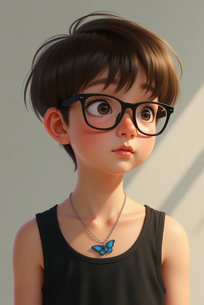 A boy with glasses with small brown hair and fringe in the middle of his forehead  ,black tank top with a necklace with a blue butterfly pendant