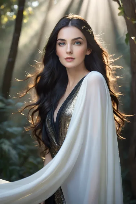 A photorealistic close-up portrait of a beautiful young woman with bluish-gray eyes and long, flowing black hair, styled in soft waves. Her outfit reflects the duality of light and darkness: the left side of her upper body is draped in radiant white fabric...