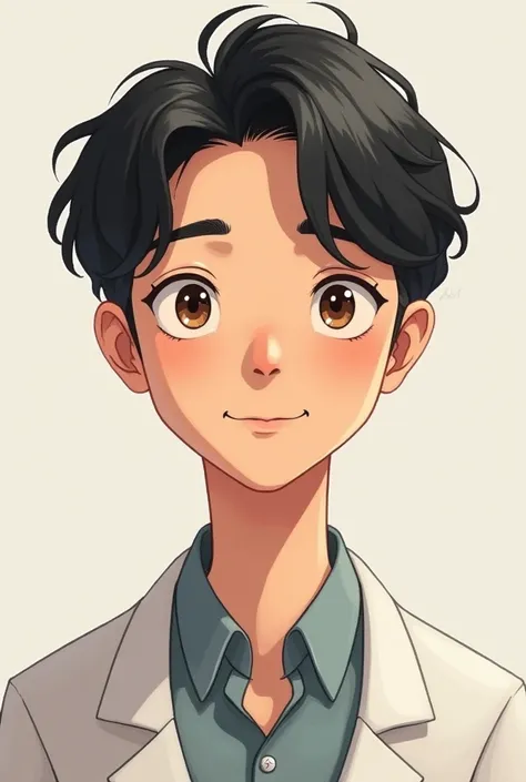  Illustration of a Young Man Psychologist , light brown eyes,  wavy black hair , light skin, with Asian features, 