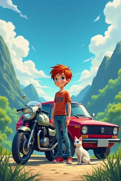 Red-haired boy with his blue-eyed cat his naked gray motorcycle and his red Volkswagen golf car in a landscape of green mountains and sky